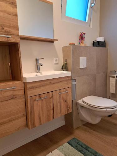 a bathroom with a sink and a toilet at Boshuisje op de Schatberg in Sevenum