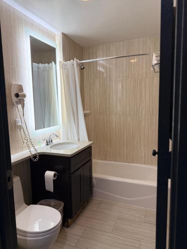 a bathroom with a sink and a toilet and a tub at Grandview Hotel New York in Queens