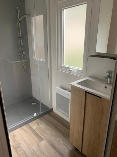 une salle de bain avec une douche, un lavabo et un miroir dans l'établissement Mobilhome au bassin d'Arcachon, à Lège-Cap-Ferret