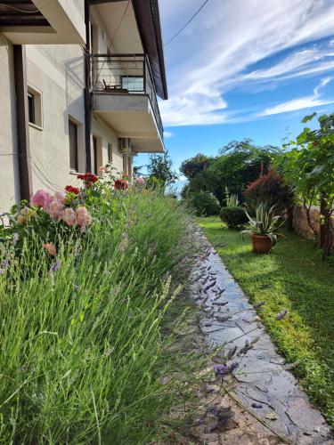 a walkway next to a building with flowers at Villa Pavlina in Ohrid