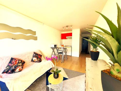 un salon avec un canapé et quelques plantes dans l'établissement Le Pont Neuf, à Annecy