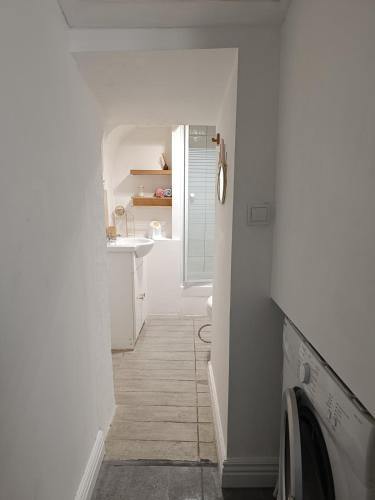 a white bathroom with a sink and a washing machine at Studio aux portes du théâtre et de la gare in Orange
