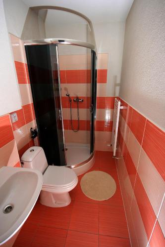 a bathroom with a shower and a toilet and a sink at Privat Kohut in Štrba