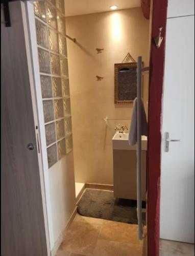 une petite salle de bain avec un lavabo et des toilettes dans l'établissement Petite Maison centre du village, à Noyers-sur-Serein