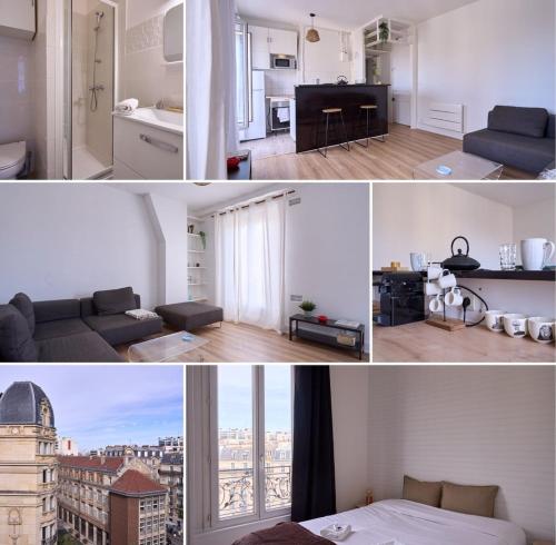 un collage de photos d'un salon et d'un appartement dans l'établissement Bright 1BR Parisian Retreat Italy Square | By Airnest, à Paris