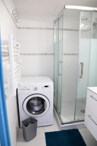 La salle de bains est pourvue d'un lave-linge et d'une douche. dans l'établissement Saint Cyprien jolie maison climatisee, à Saint-Cyprien