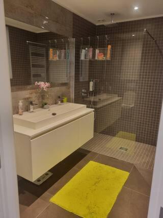 La salle de bains est pourvue d'un lavabo, d'une douche et d'un tapis jaune. dans l'établissement Magnifique appartement - St Martin de Peille, à Peille