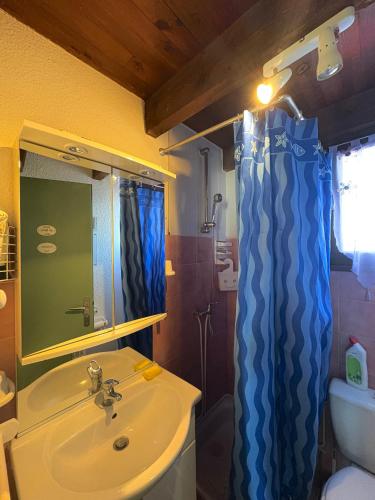 une salle de bain avec un lavabo et un rideau de douche dans l'établissement Maison 4 personnes terrasse accès direct à la plage 4JM6, au Barcarès