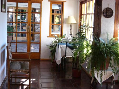 a dining room with a table and potted plants at Hotel La Posta del Dayman in Termas del Daymán
