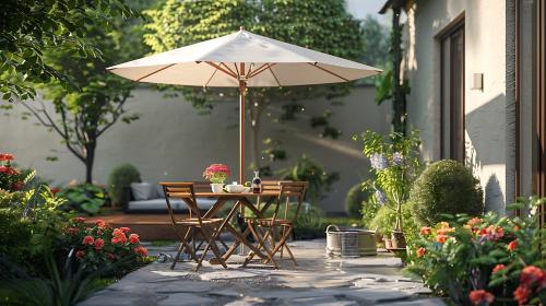 a table and chairs under an umbrella in a garden at Palazzo dei Guardiani in Venice