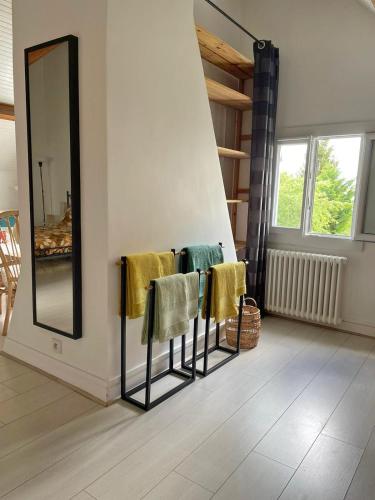 une salle de bain avec un miroir et trois serviettes dans l'établissement Chambre spacieuse avec jardin, à Chennevières-sur-Marne
