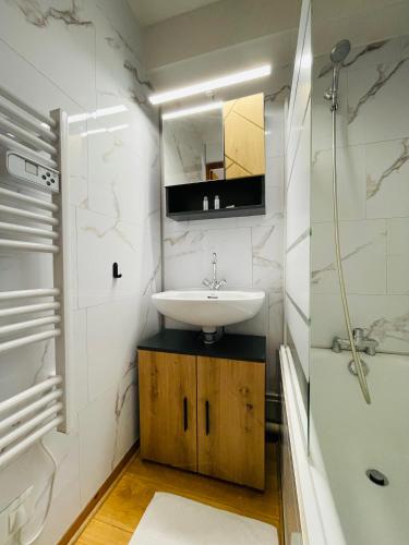 une salle de bain avec un lavabo, un miroir et une douche dans l'établissement Le Gibannaz, aux Gets