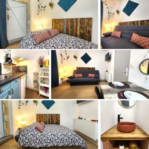 un collage de quatre photos d'une chambre dans l'établissement Studio de la Rivière, à Libourne