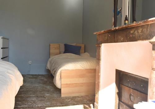 - une chambre avec 2 lits jumeaux et une cheminée dans l'établissement Lovely flat in Latin quarter, à Paris