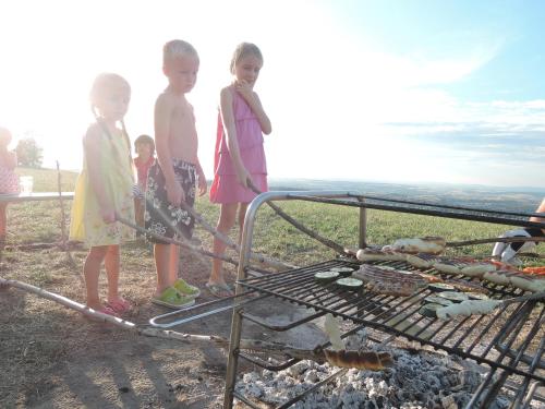 a group of children standing next to a grill at Landhaus Aigner in Allhartsberg