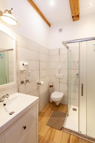 a bathroom with a toilet and a sink and a shower at Resort Mlýn Karolínka in Vranov nad Dyjí