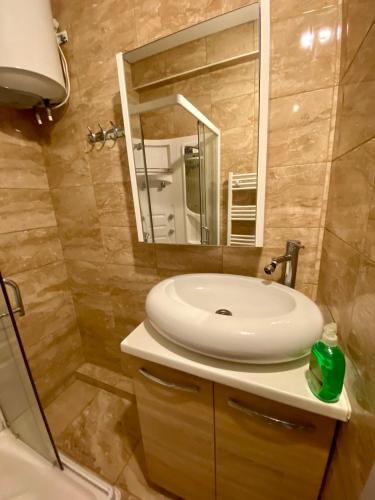 a bathroom with a white sink and a mirror at Apartament cu 2 odai Testemiteanu in Chişinău