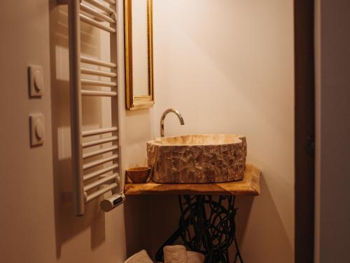 a bathroom with a sink on a wooden counter at Studio cosy en pleine nature avec animaux admis et parking privé - FR-1-590-565 in Montbarrois