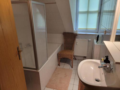 a bathroom with a shower and a sink at FeWo Köt- 3 Ferienwohnungen im historischen Köthener Stadtkern in Köthen