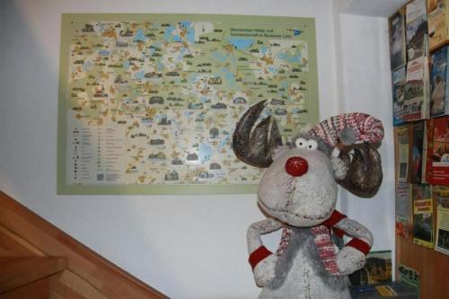 a stuffed animal hanging on a wall with a map at Wohnung In Niedergurig Mit Grill, Sauna Und Garten in Malschwitz