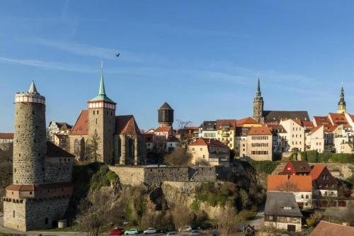 a city with towers and buildings on a hill at Wohnung In Niedergurig Mit Grill, Sauna Und Garten in Malschwitz