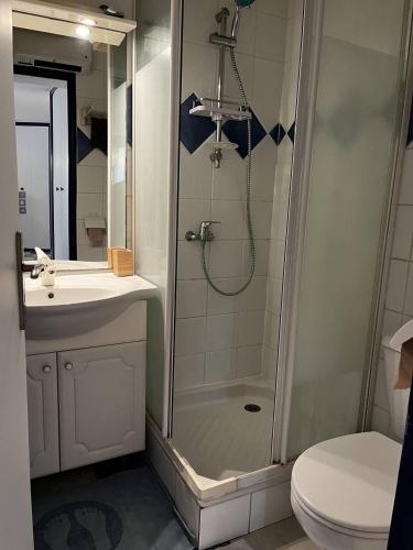 une salle de bain avec une douche, des toilettes et un lavabo dans l'établissement Appartement T2 à 50 m de la plage, proche des commodités, à Canet
