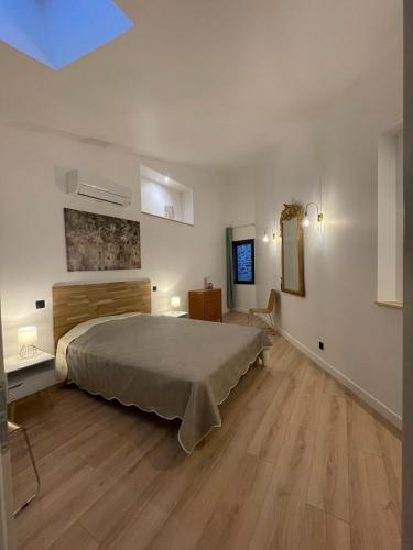 - une grande chambre avec un lit et du parquet dans l'établissement Gite charme et confort, à Sainte-Vallière