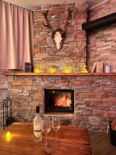 two wine glasses on a table in front of a fireplace at Luxus Spa auf tollem Anwesen in Neubulach
