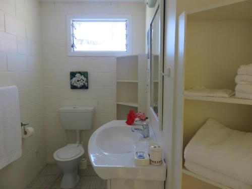 a bathroom with a sink and a toilet and a window at Herons Reef Holiday Apartments in Rarotonga