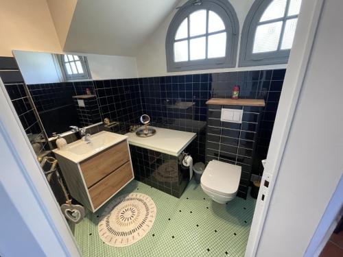 a bathroom with a sink and a toilet at La Belle Chaumière in Bretagne-de-Marsan