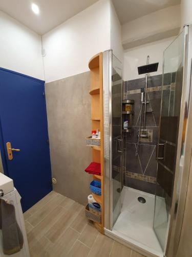 La salle de bains est pourvue d'une douche avec une porte bleue. dans l'établissement Appartement atypique dans un ancien couvent, à LʼIsle-sur-la-Sorgue
