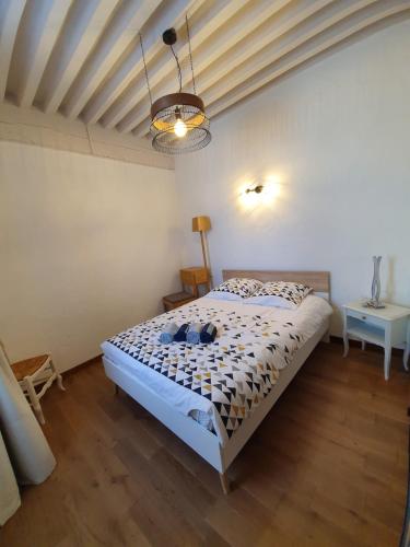 une chambre avec un lit et un lustre dans l'établissement Appartement atypique dans un ancien couvent, à LʼIsle-sur-la-Sorgue