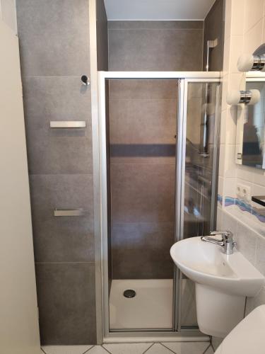 a bathroom with a shower and a sink at Ferienwohnung Hilberath in Wimbach