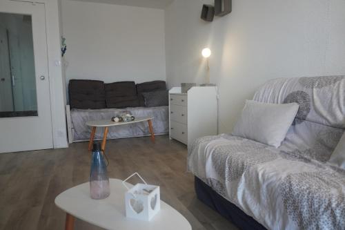 un salon avec un canapé et une table dans l'établissement L'Oasis 4 personnes 6 Piscines Terrasse Vue petit Port, au Barcarès