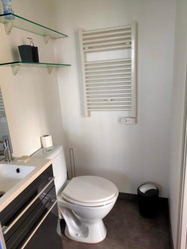 une salle de bain blanche avec des toilettes et un lavabo dans l'établissement Très beau studio meublé à louer, à Murat
