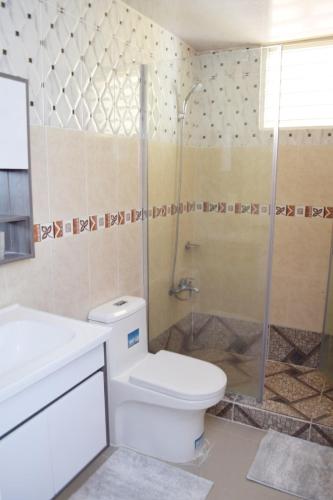 a bathroom with a toilet and a glass shower at Relax in this apartment in Santiago de los Caballeros
