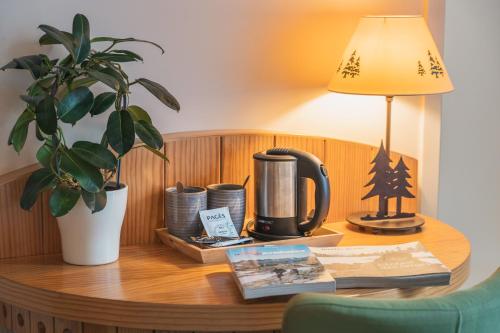 a table with a lamp and a potted plant on it at Hôtel Le Bois Joli in Cauterets