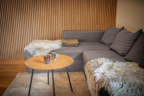 a living room with a couch and a table at Alpenappartment Spital am Pyhrn in Spital am Pyhrn