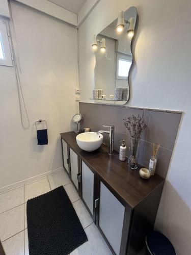 une salle de bain avec un lavabo et un miroir dans l'établissement Le Beau Séjour Appartement - Elégant et Spacieux- Proche Aéroport, à Beauvais