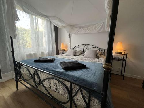 - une chambre avec un lit à baldaquin et 2 oreillers dans l'établissement Le Beau Séjour Appartement - Elégant et Spacieux- Proche Aéroport, à Beauvais