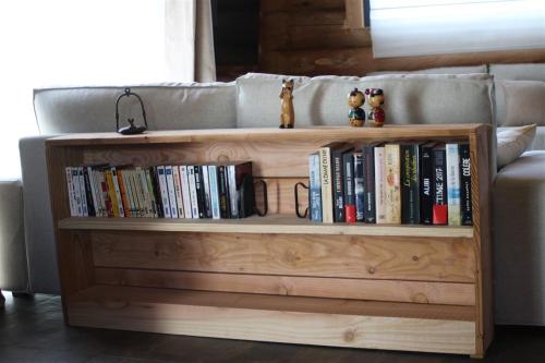 a book shelf filled with books next to a couch at Auvergne, Chalet cinq étoiles en fuste, 6 personnes avec spa, campagne et chevaux in Saint-Jean-en-Val