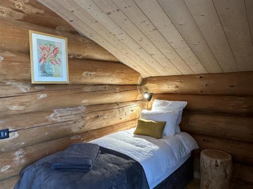 a bedroom with a bed in a log cabin at Auvergne, Chalet cinq étoiles en fuste, 6 personnes avec spa, campagne et chevaux in Saint-Jean-en-Val