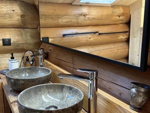 a bathroom with a stone sink and a mirror at Auvergne, Chalet cinq étoiles en fuste, 6 personnes avec spa, campagne et chevaux in Saint-Jean-en-Val