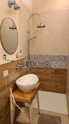 a bathroom with a sink and a tub and a mirror at Stirpe nel Bosco - Fiocco in Montevettolini