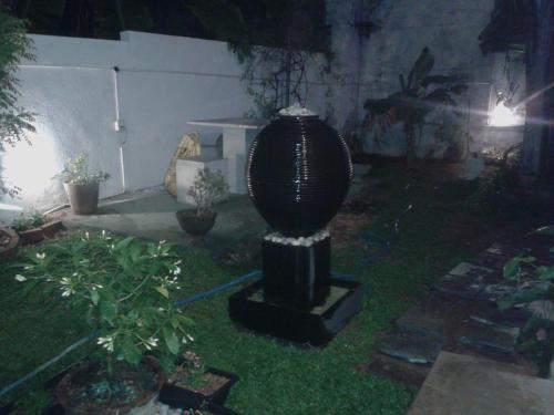 a garden with a black cactus statue in the grass at Mini's Residence in Colombo