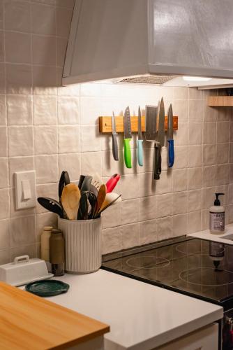 a kitchen counter with utensils on a wall at Peaceful Catskills Creek House in Saugerties