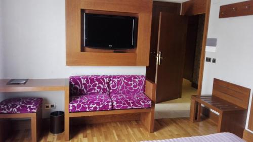 a room with a purple couch and a tv at Hotel Confort BRASEROS in Burgos