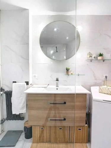 une salle de bain avec un lavabo et un miroir dans l'établissement F3 4 pers 15 min Palace Cannes, à Cannes