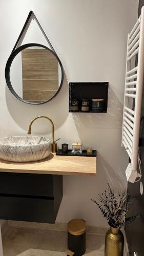 a bathroom with a sink and a mirror on a counter at Au Coeur des vignes in Pont-Saint-Esprit