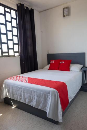a bedroom with a large bed with red pillows at Hotel Puerta Sur in Comitán